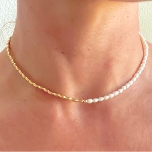 Gold Bead & Mini Rice Pearl Choker Necklace with adjustable clasp.